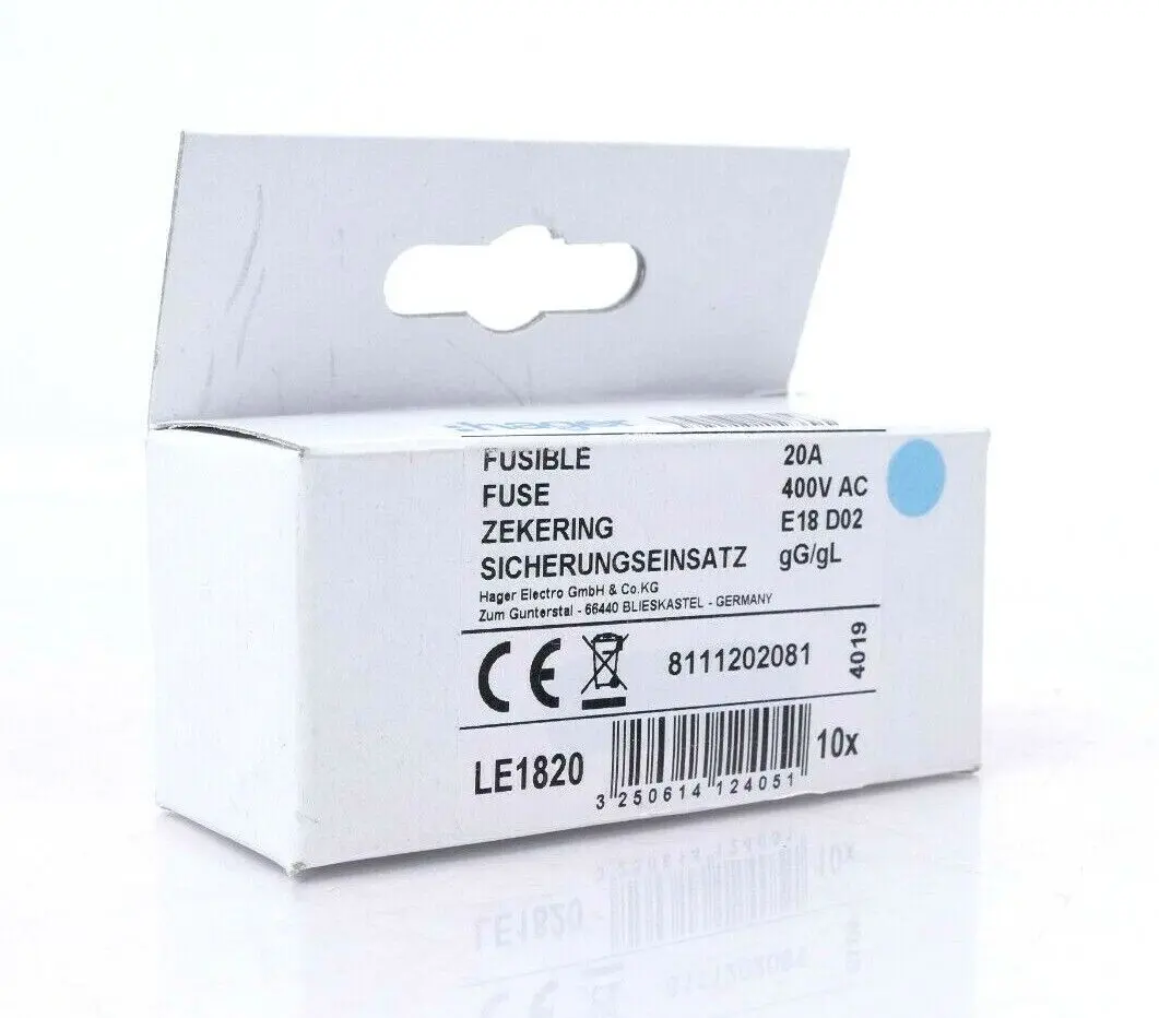 Produktfoto 1 von 10x Hager Sicherungseinsatz 20A 400V AC gG/gL E18 D02 | LE1820