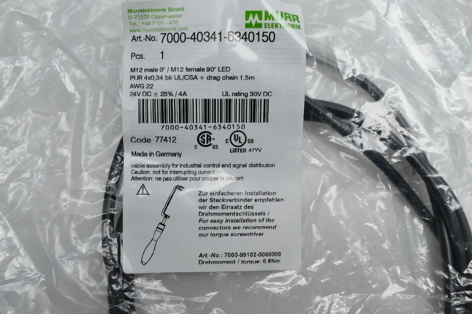 Produktfoto 1 von Murr Elektronik M12 St. 0° / M12 Bu. 90° A-kod. LED 1,5m | 7000-40341-6340150