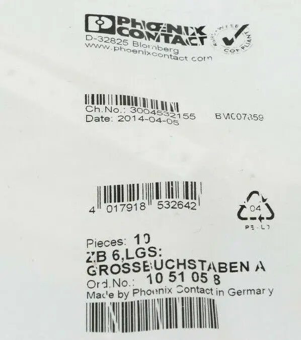Produktfoto 1 von 10x Phoenix Contact 10 51 05 8 | ZB6: Großbuchstaben A | 1051058