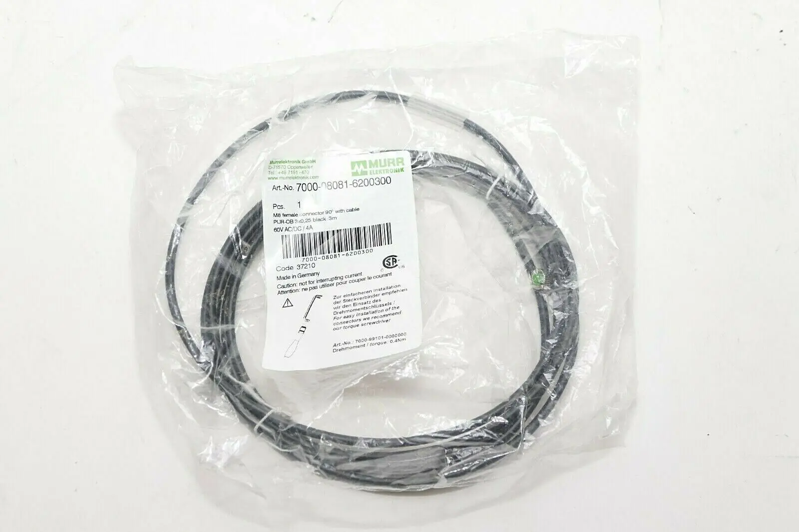 Produktfoto 1 von Murr Elektronik EOL-M8 Bu. 90° A-kod. freies Ltg-ende 3m | 7000-08081-6200300
