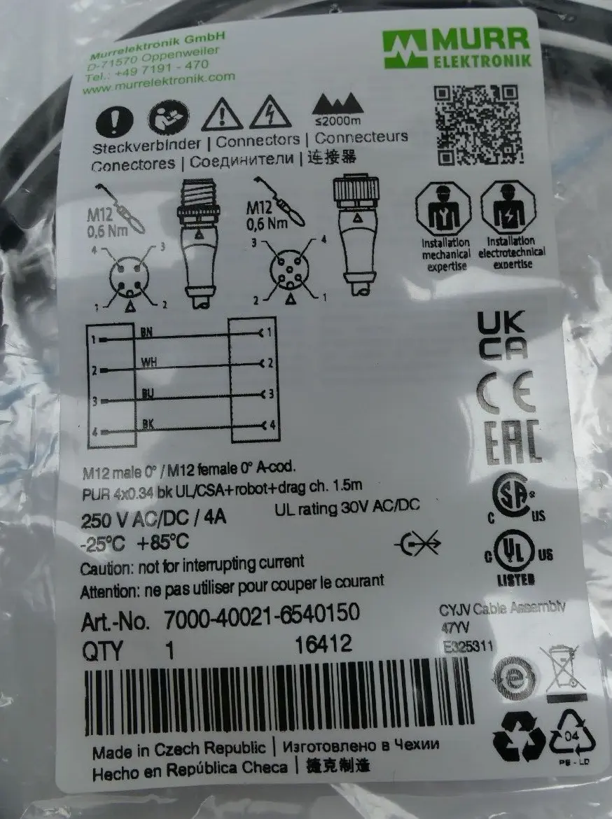 Produktfoto 1 von Murr Elektronik M12 St. 0° / M12 Bu. 0° A-kod. Kabel 1,5m | 7000-40021-6540150