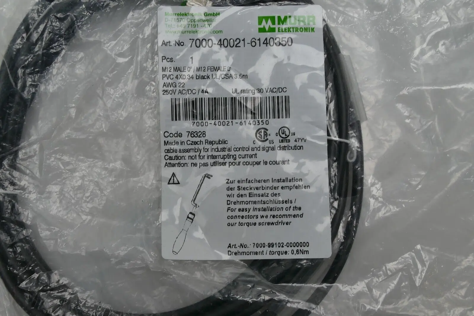 Produktfoto 1 von Murr Elektronik M12 St. 0° / M12 Bu. 0° A-kod. Kabel 3,5m | 7000-40021-6140350