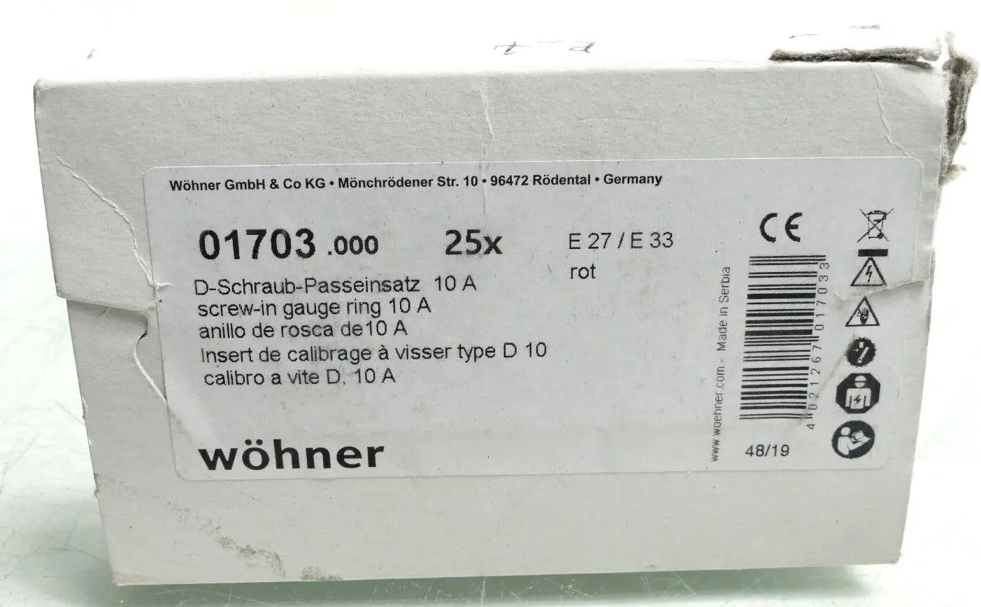 Produktfoto 1 von 25x Wöhner 01703.000 D-Schraub-Passeinsatz 10A E27 / E33
