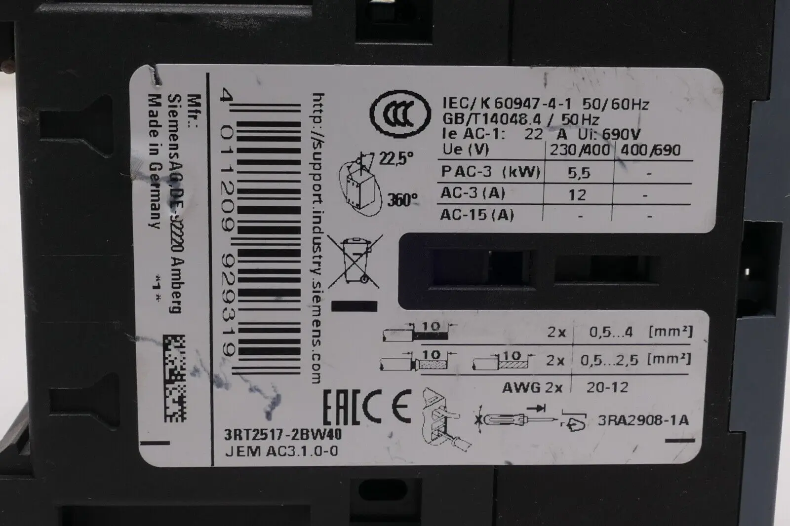 Produktfoto 1 von Siemens SIRIUS Leistungsschütz 3RT2 517-2BW40 | E:06 | 3RT2517-2BW40