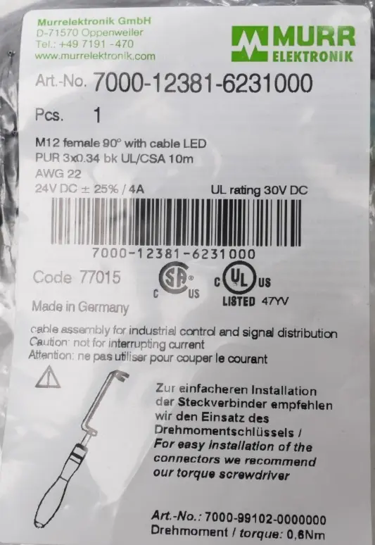 Produktfoto 1 von Murr Elektronik EOL M12 Bu. 90° A-kod. freies Ltg-ende 10m | 7000-12381-6231000