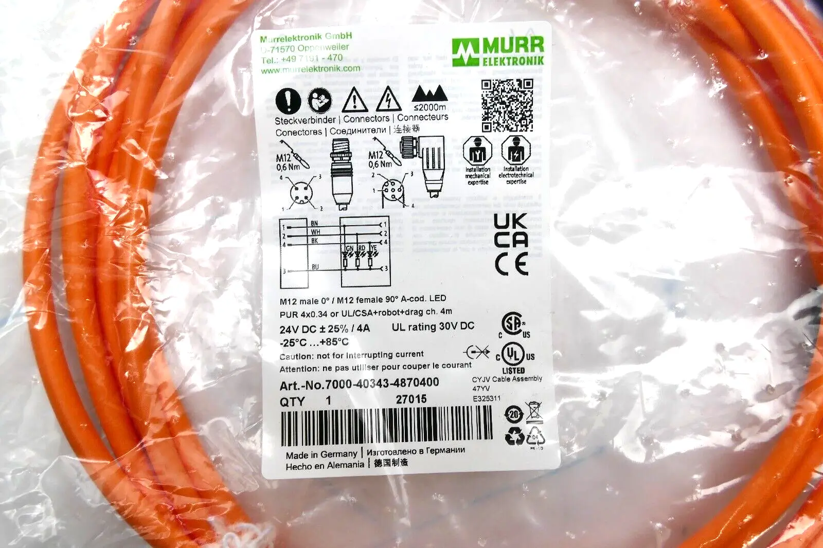 Produktfoto 1 von Murr Elektronik M12 St. 0° / M12 Bu. 90° A-kod. LED 4m | 7000-40343-4870400