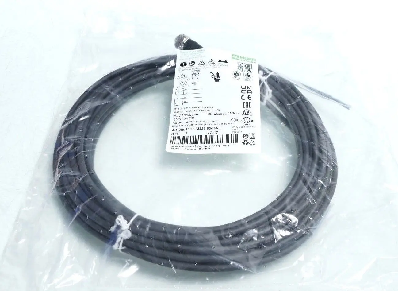 Produktfoto 1 von Murr Elektronik M12 Bu. 0° A-kod. freies Ltg-ende Kabel 10m | 7000-12221-6341000
