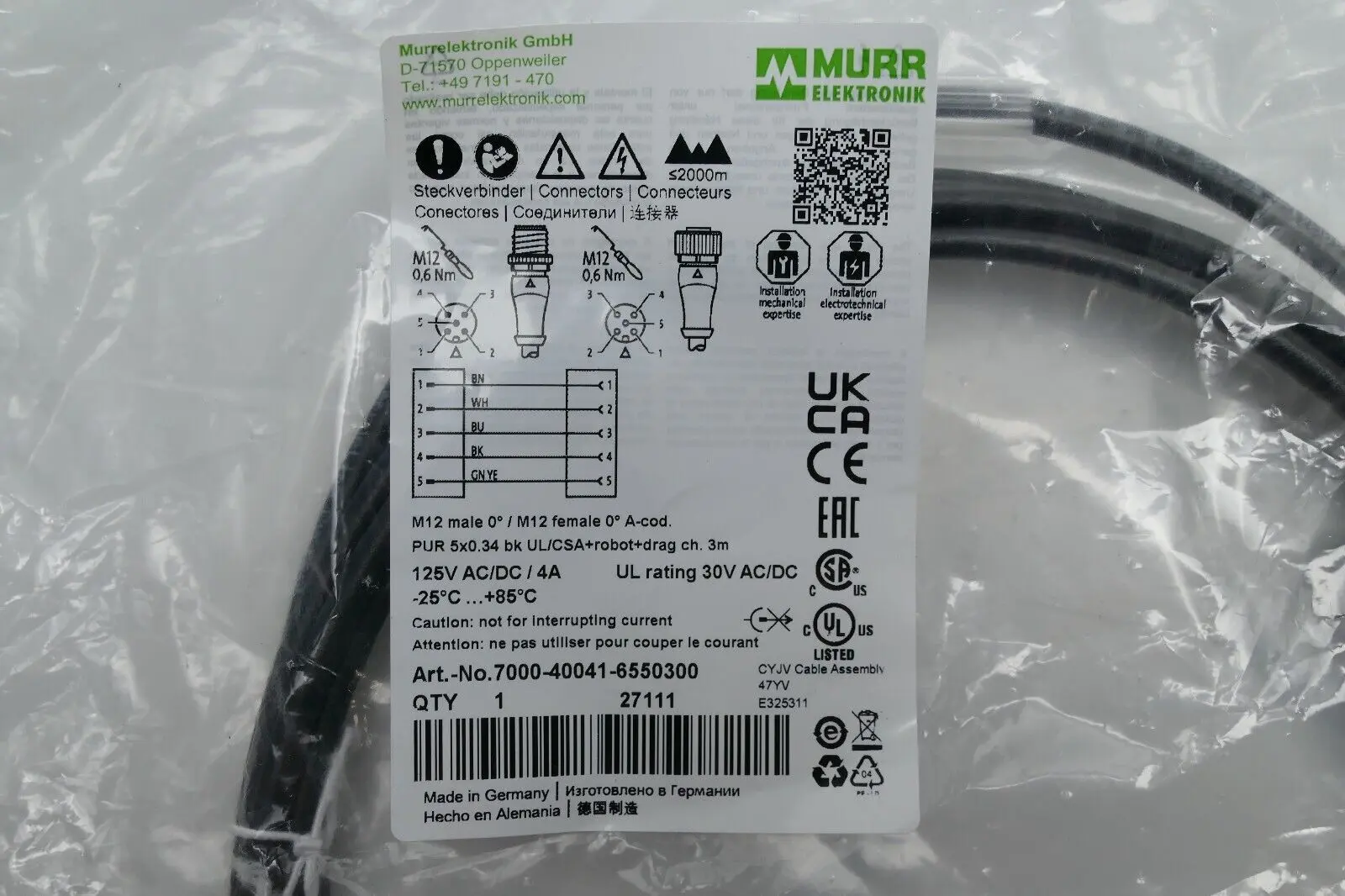 Produktfoto 1 von Murr Elektronik M12 St. 0° / M12 Bu. 0° A-kod. Kabel 3m | 7000-40041-6550300