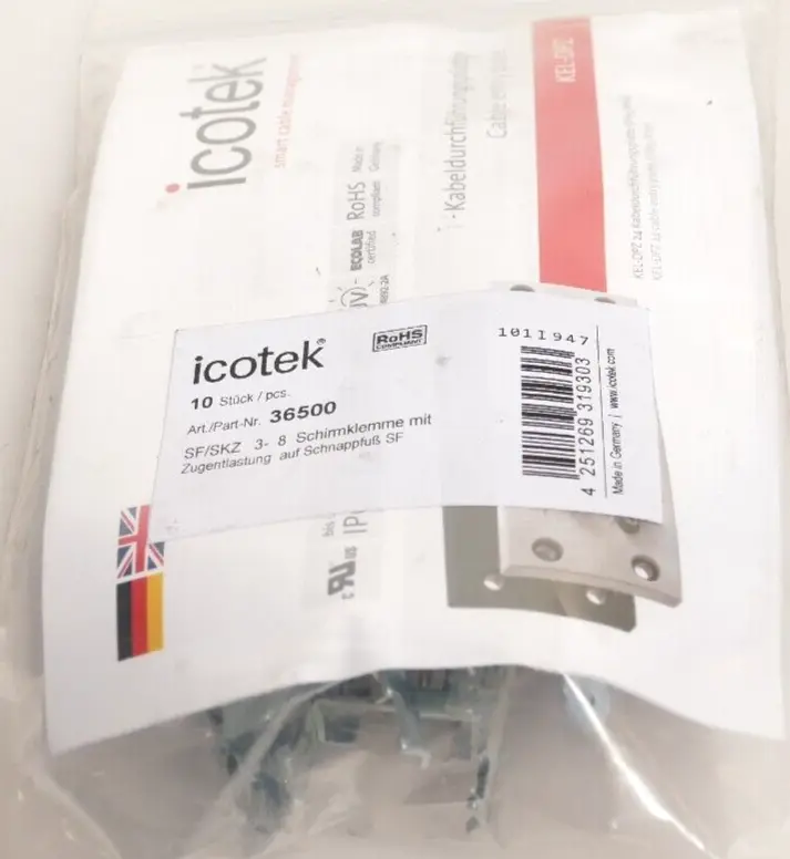 Produktfoto 1 von 10x Icotek 36500 SF/SKZ 3- 8 Schirmklemme mit Zugentlastung auf Schnappfuß SF