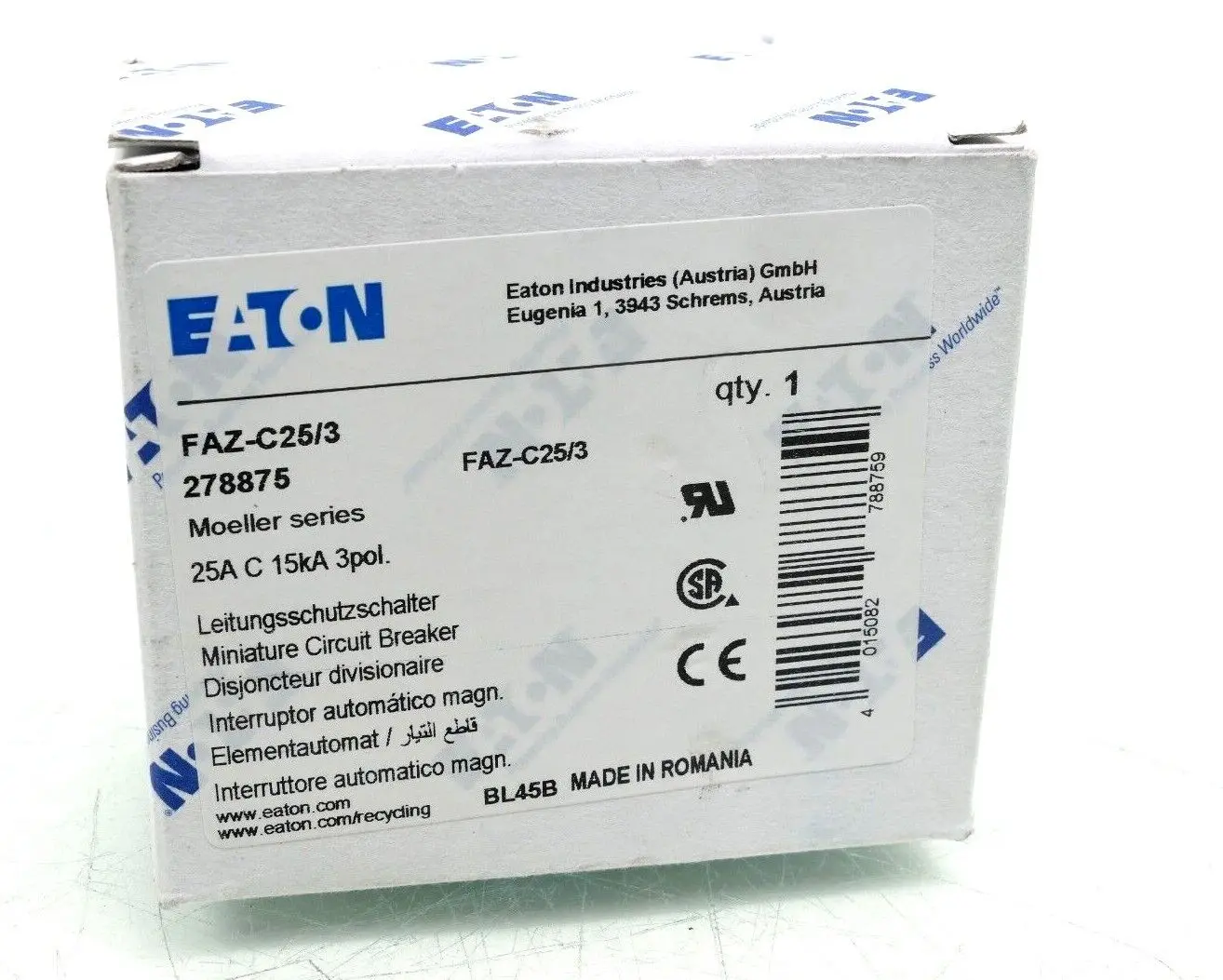 Produktfoto 1 von Eaton Leitungsschutzschalter FAZ-C25/3 | 25A C 15kA 3pol | 278875