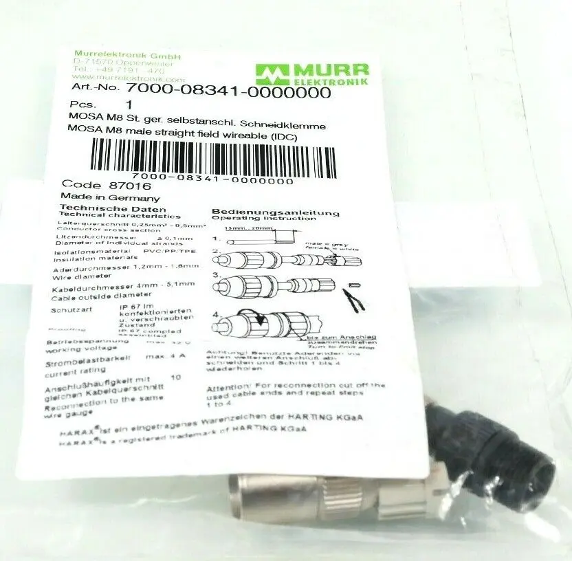 Produktfoto 1 von Murr Elektronik MOSA M8 St. 0° A-kod. Schneidklemmanschluss | 7000-08341-0000000