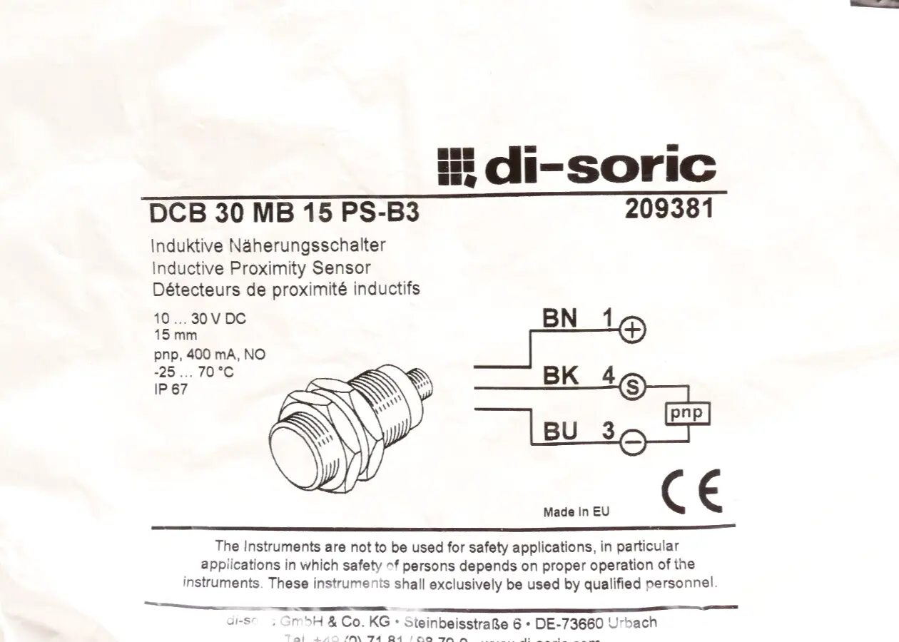 Produktfoto 1 von Di-Soric Induktiver Näherungssensor DCB 30 MB 15 PS-B3 | 209381