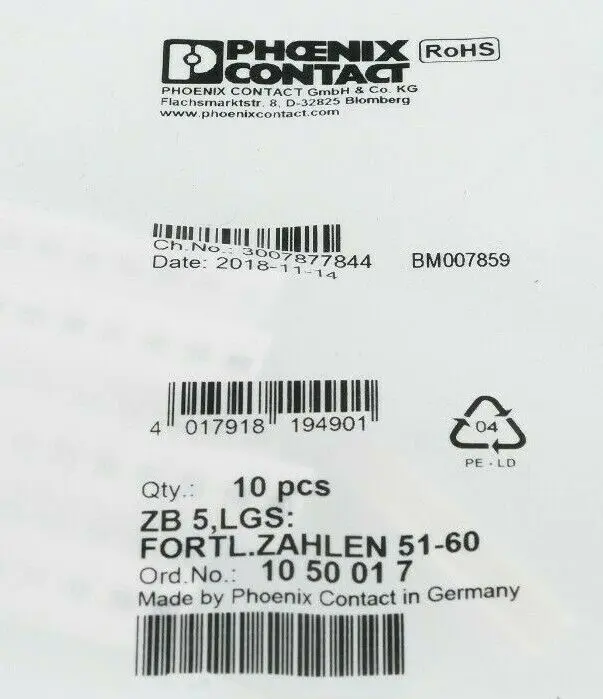 Produktfoto 1 von 10x Phoenix Contact 10 50 01 7 | ZB5,LGS: Fortl. Zahlen 51-60 | 1050017