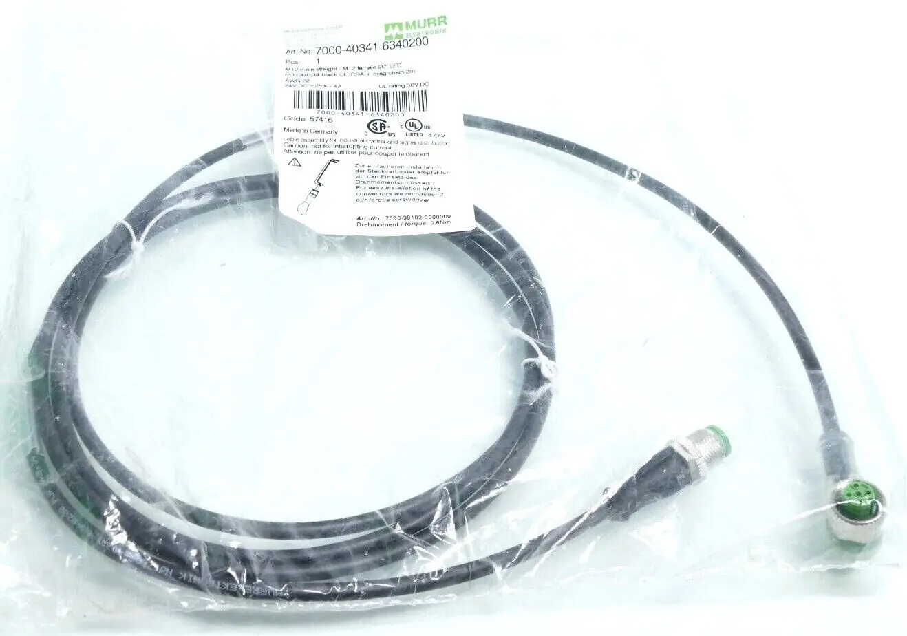 Produktfoto 1 von Murr Elektronik M12 St. 0° / M12 Bu. 90° A-kod. Kabel 2m | 7000-40341-6340200