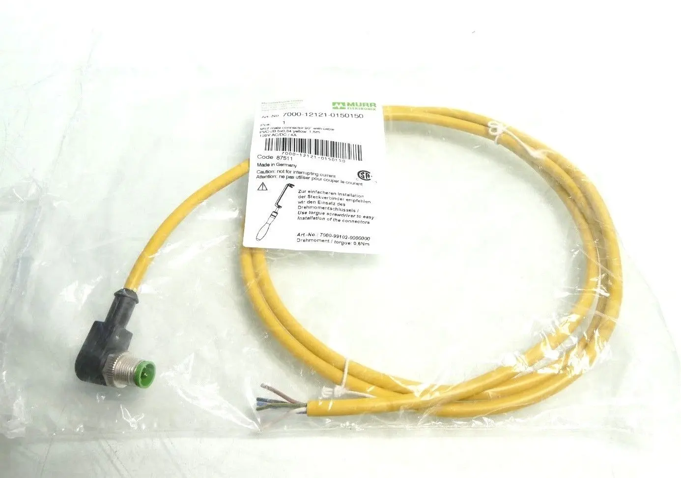 Produktfoto 1 von Murr Elektronik M12 St. 90° A-kod. freies Ltg-ende 1,5m | 7000-12121-0150150