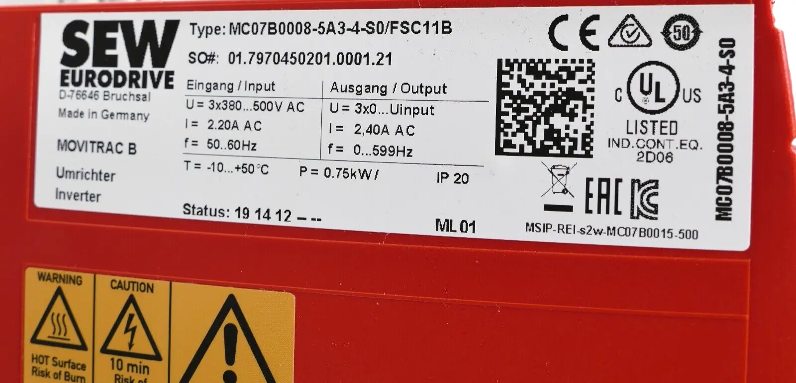 Produktfoto 1 von SEW Eurodrive Movitrac B Umrichter | MC07B0008-5A3-4-S0/FSC11B