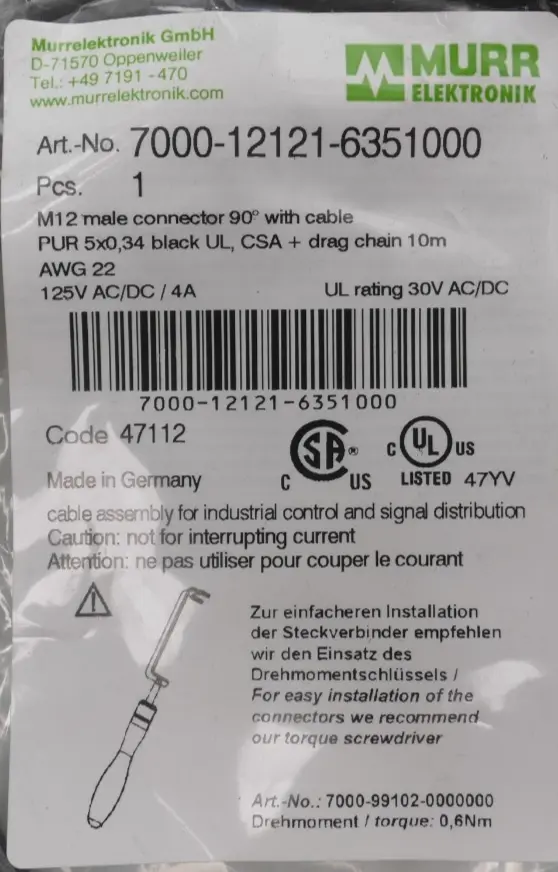 Produktfoto 1 von Murr Elektronik M12 St. 90° A-kod. freies Ltg-ende 10m | 7000-12121-6351000