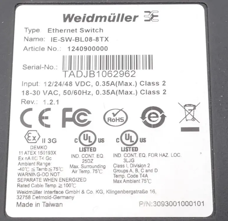 Produktfoto 1 von Weidmüller Ethernet Switch IE-SW-BL08-8TX | Rev. 1.2.1 | 1240900000