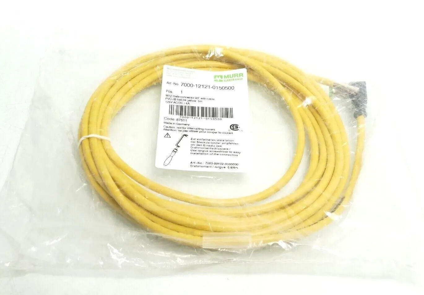 Produktfoto 1 von Murr Elektronik M12 St. 90° A-kod. freies Ltg-ende Kabel 5m | 7000-12121-0150500