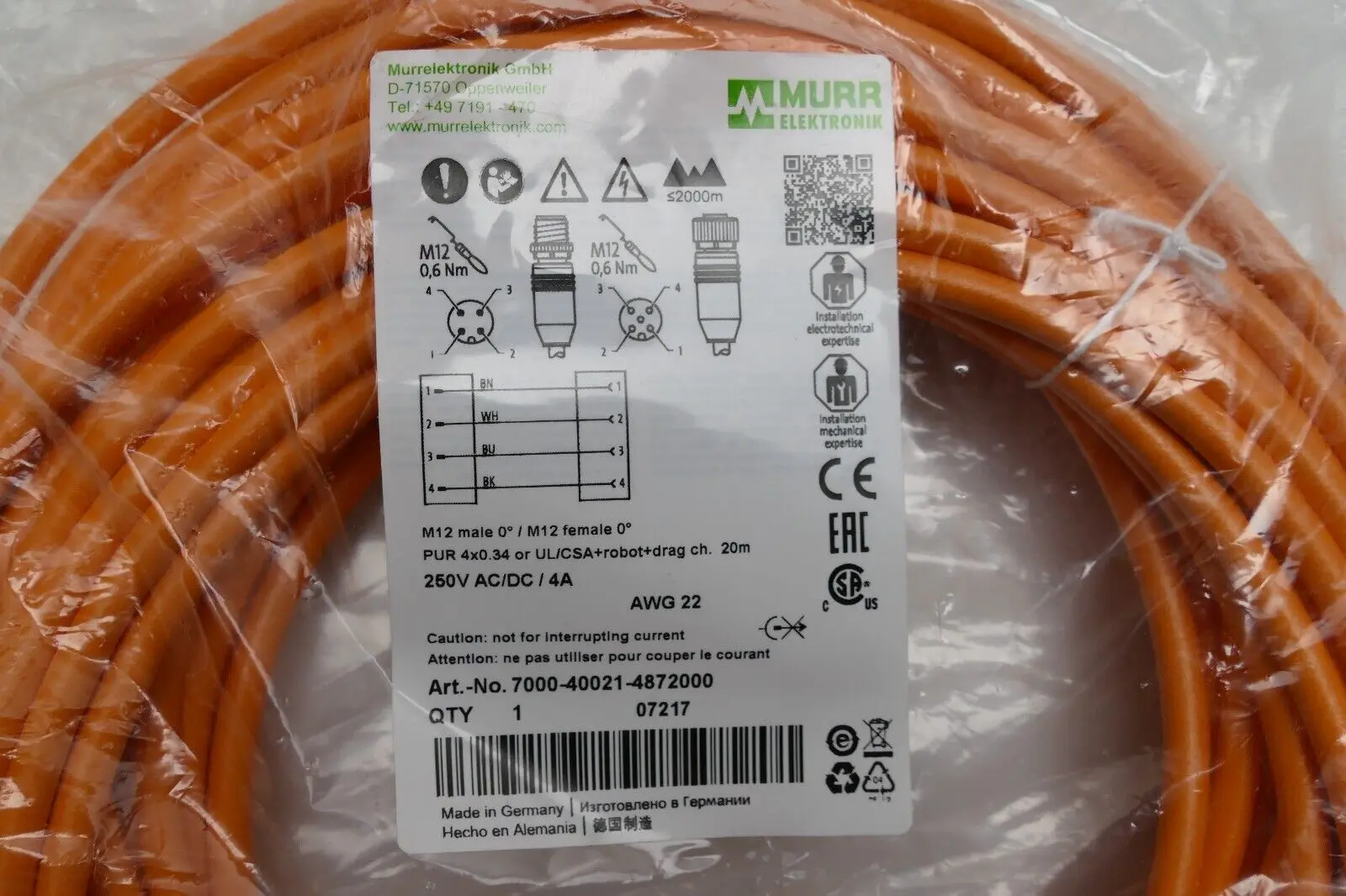 Produktfoto 1 von Murr Elektronik M12 St. 0° / M12 Bu. 0° A-kod. Kabel 20m | 7000-40021-4872000