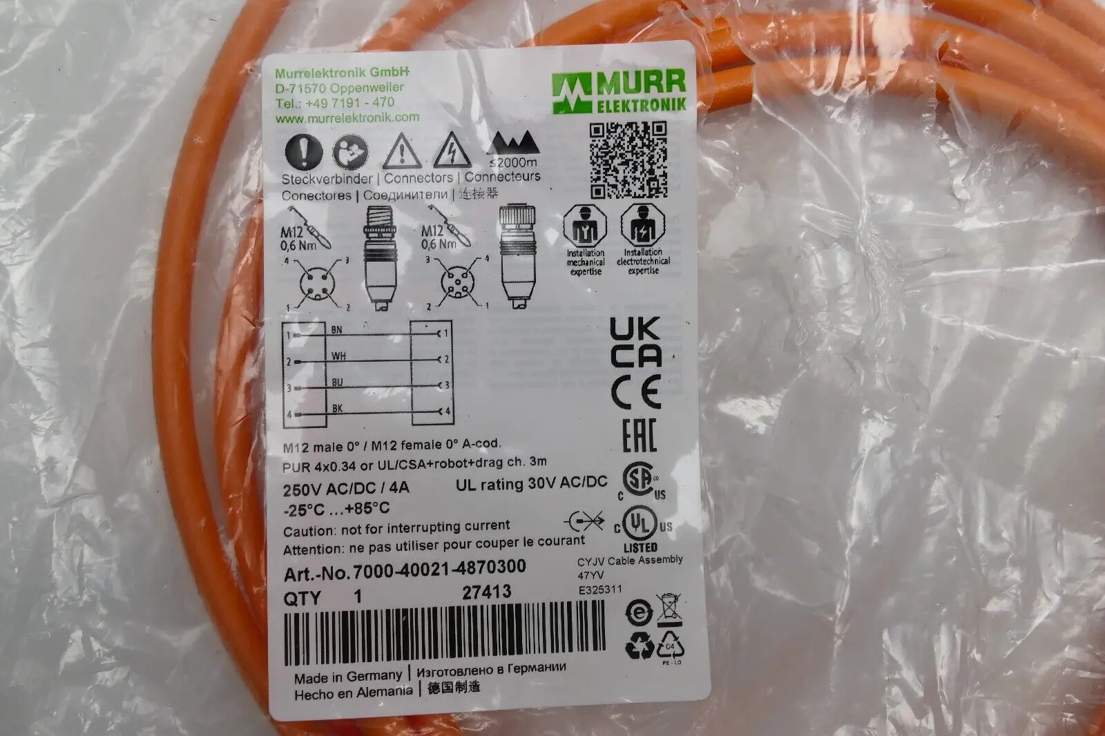 Produktfoto 1 von Murr Elektronik M12 St. 0° / M12 Bu. 0° A-kod. Kabel 3m | 7000-40021-4870300