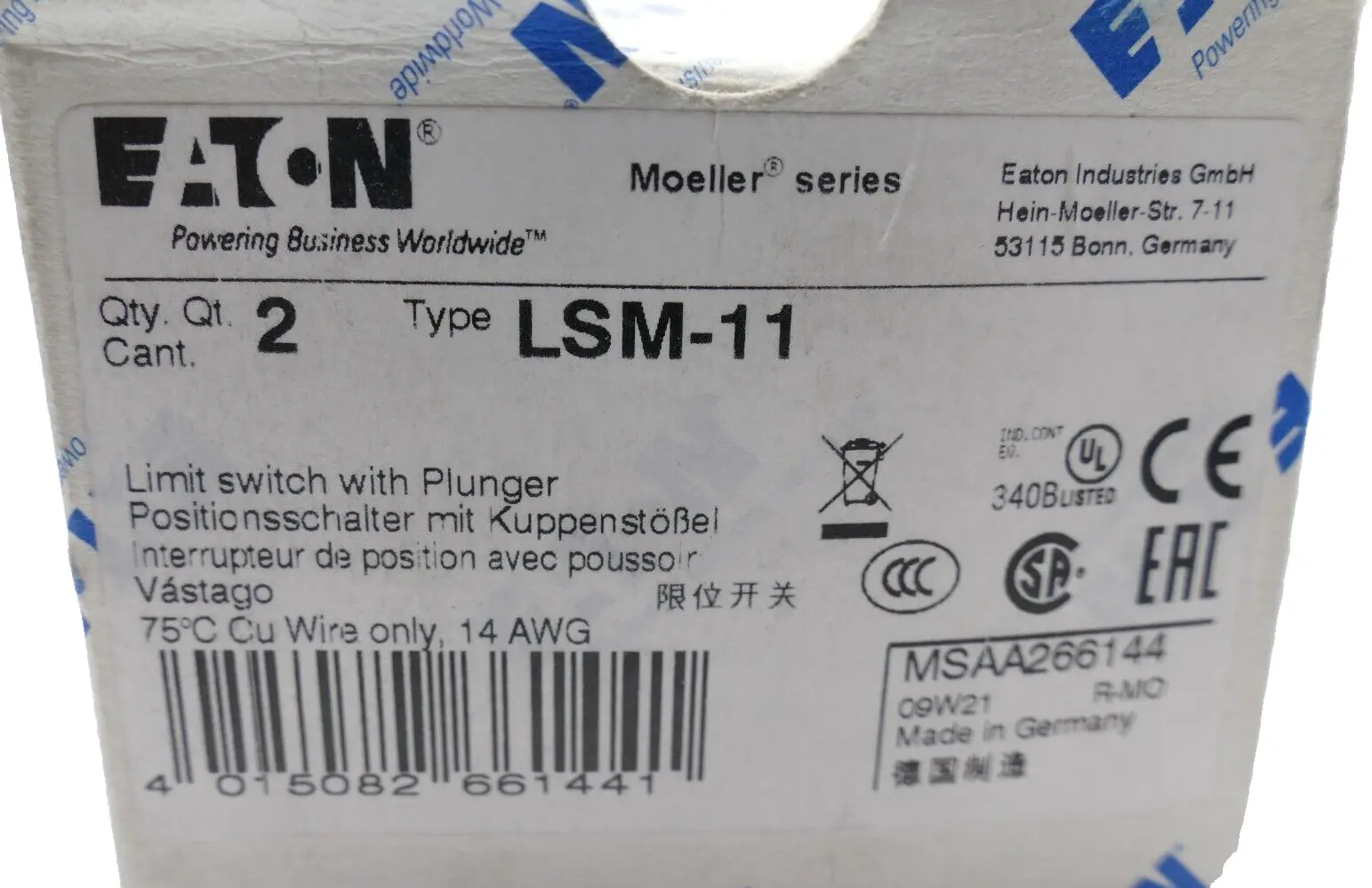Produktfoto 1 von 2x Eaton Moeller Positionsschalter mit Kuppenstößel LSM-11 | 266144