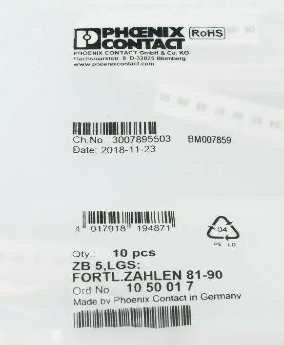 Produktfoto 1 von 10x Phoenix Contact 10 50 01 7 | ZB5,LGS: Fortl. Zahlen 81-90 | 1050017