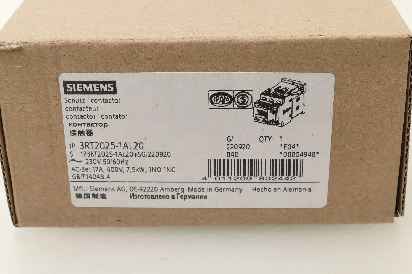 Produktfoto 1 von Siemens Sirius Schütz 3RT2 025-1AL20 | E:04 | 3RT2025-1AL20