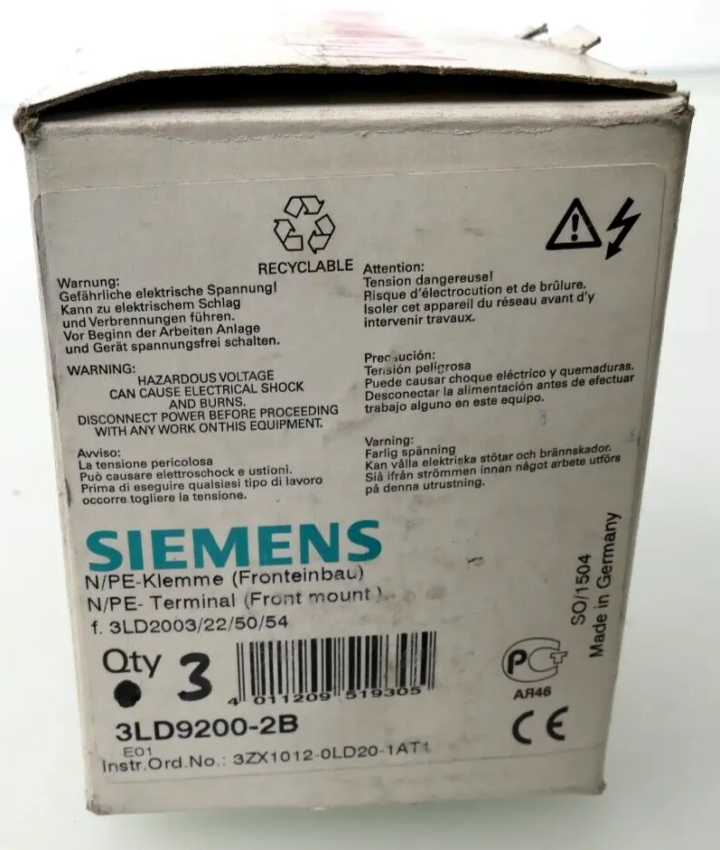 Produktfoto 1 von 3x Siemens Neutralleiter-/PE-Klemme 3LD9 200-2B | E:01 | 3LD9200-2B