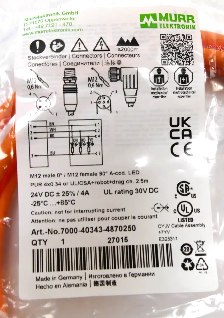 Produktfoto 1 von Murr Elektronik M12 St. 0° / M12 Bu. 90° A-kod. LED 2,5m | 7000-40343-4870250