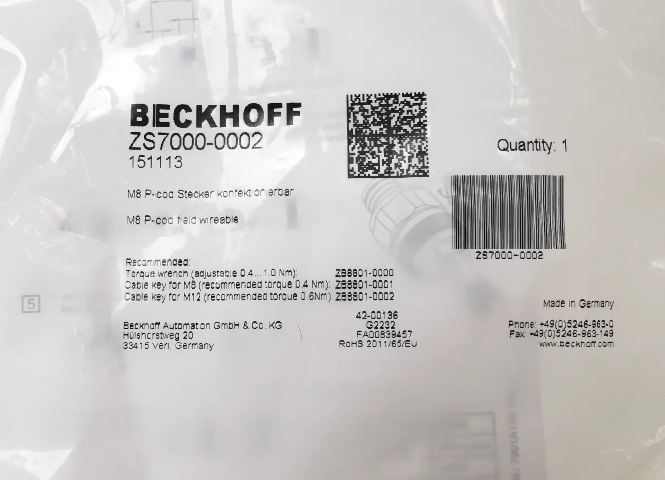 Produktfoto 1 von Beckhoff M8 P-cod Stecker konfektionierbar | ZS7000-0002