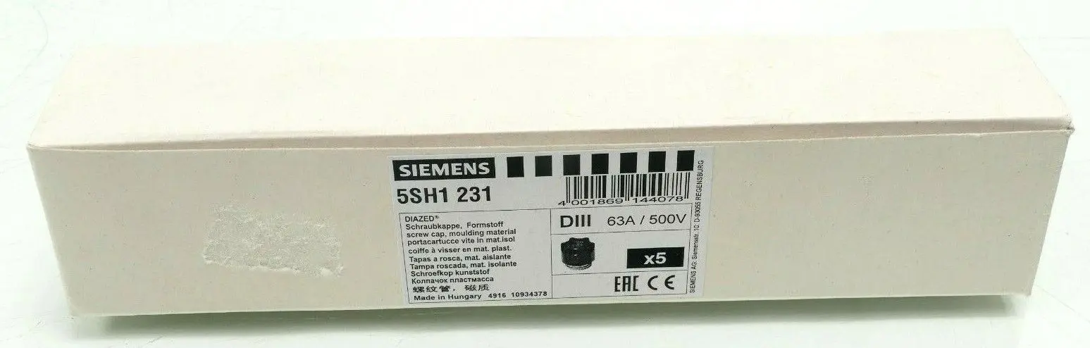 5x Siemens DIAZED Schraubkappe 63A 500V 5SH1 231 | 5SH1231