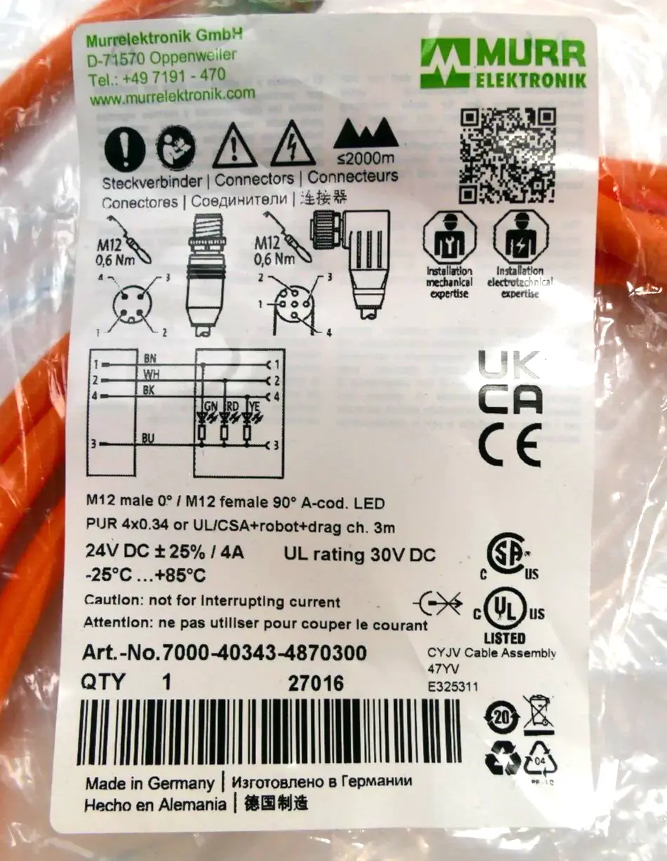 Produktfoto 1 von Murr Elektronik M12 St. 0° / M12 Bu. 90° A-kod. LED 3m | 7000-40343-4870300