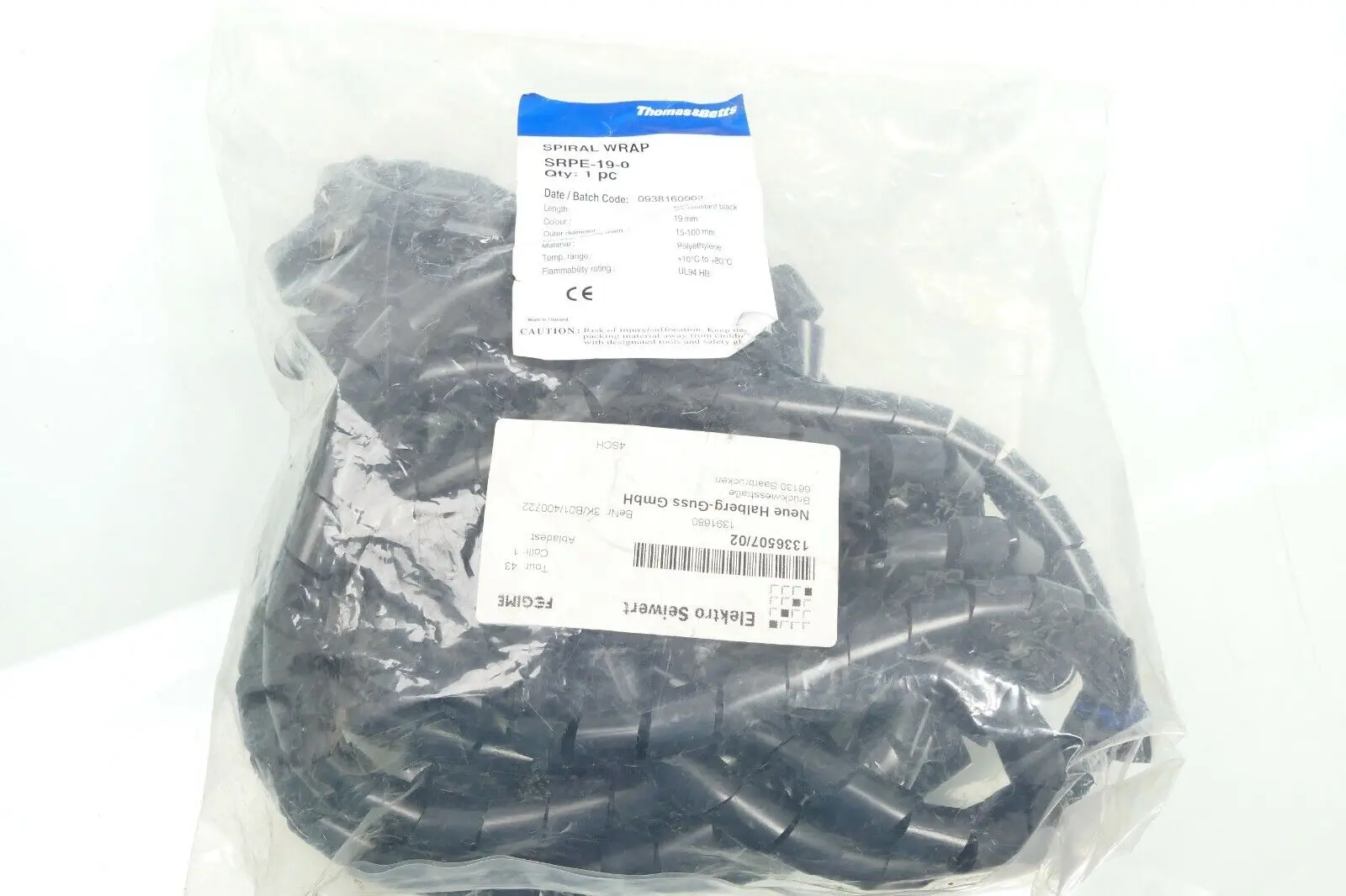 Produktfoto 1 von Thomas&Betts PE Spiralschlauch Schwarz, Innen Ø15-100mm, Länge 10m SRPE-19-0