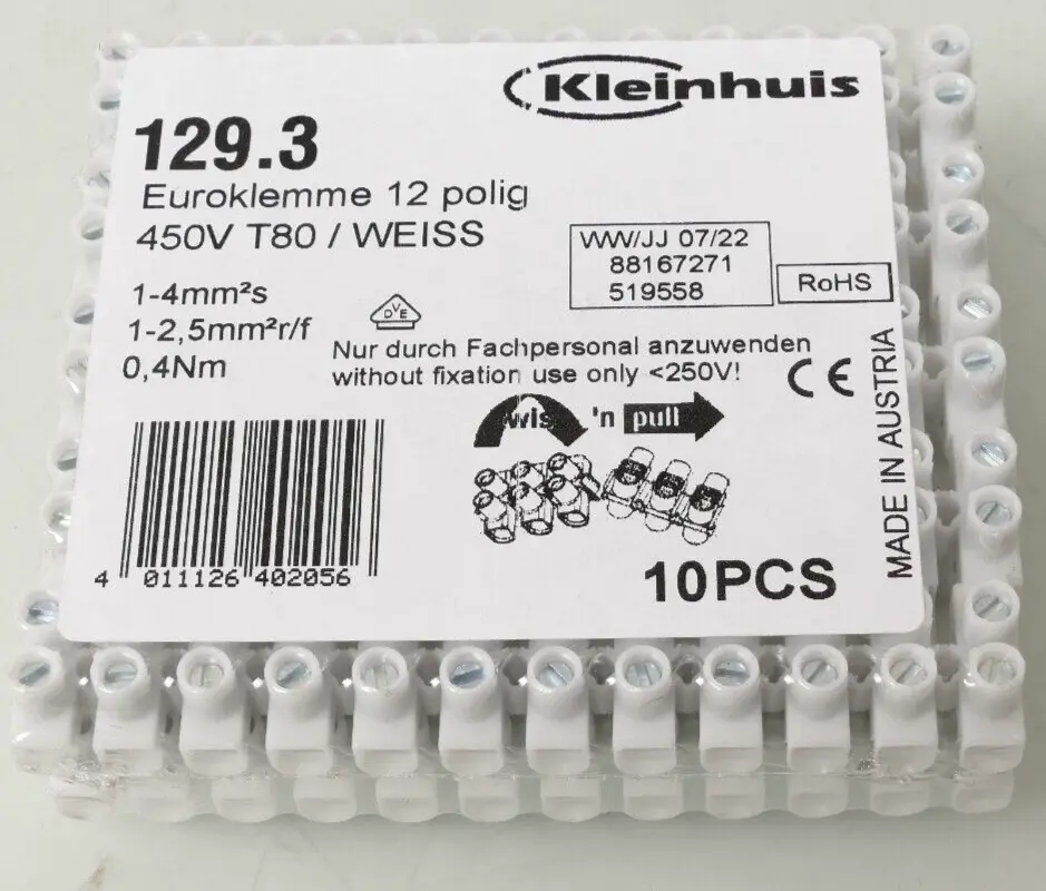 Produktfoto 1 von 10x Kleinhuis Euroklemme 450V T80 Anschlussklemme 13x16,5x95mm Bereich 1-4mm²
