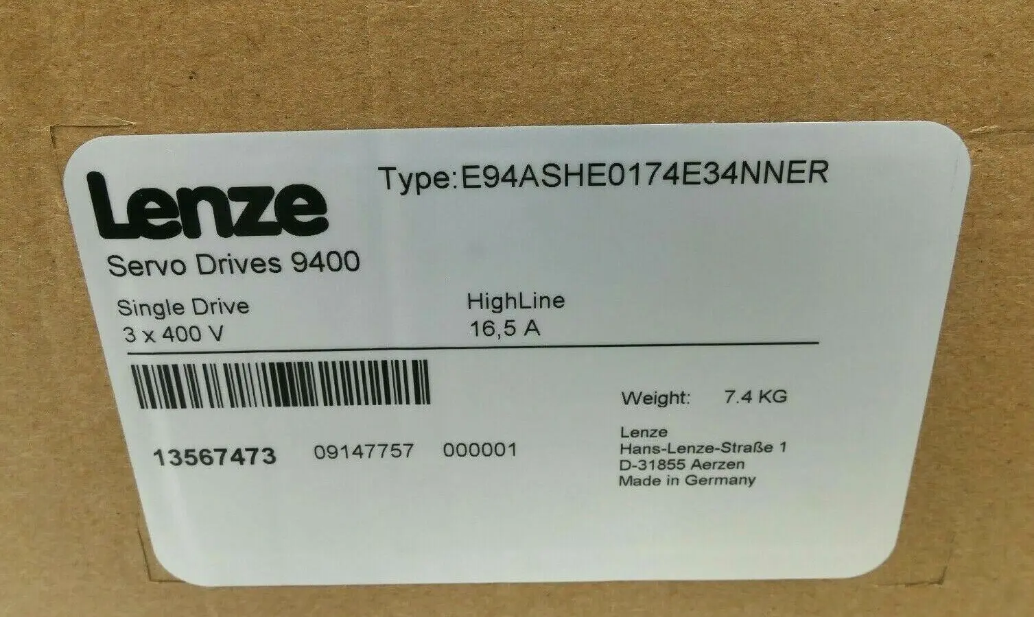 Produktfoto 1 von Lenze Servo Drives 9400 Single Drive E94ASHE0174E34NNER | 13567473