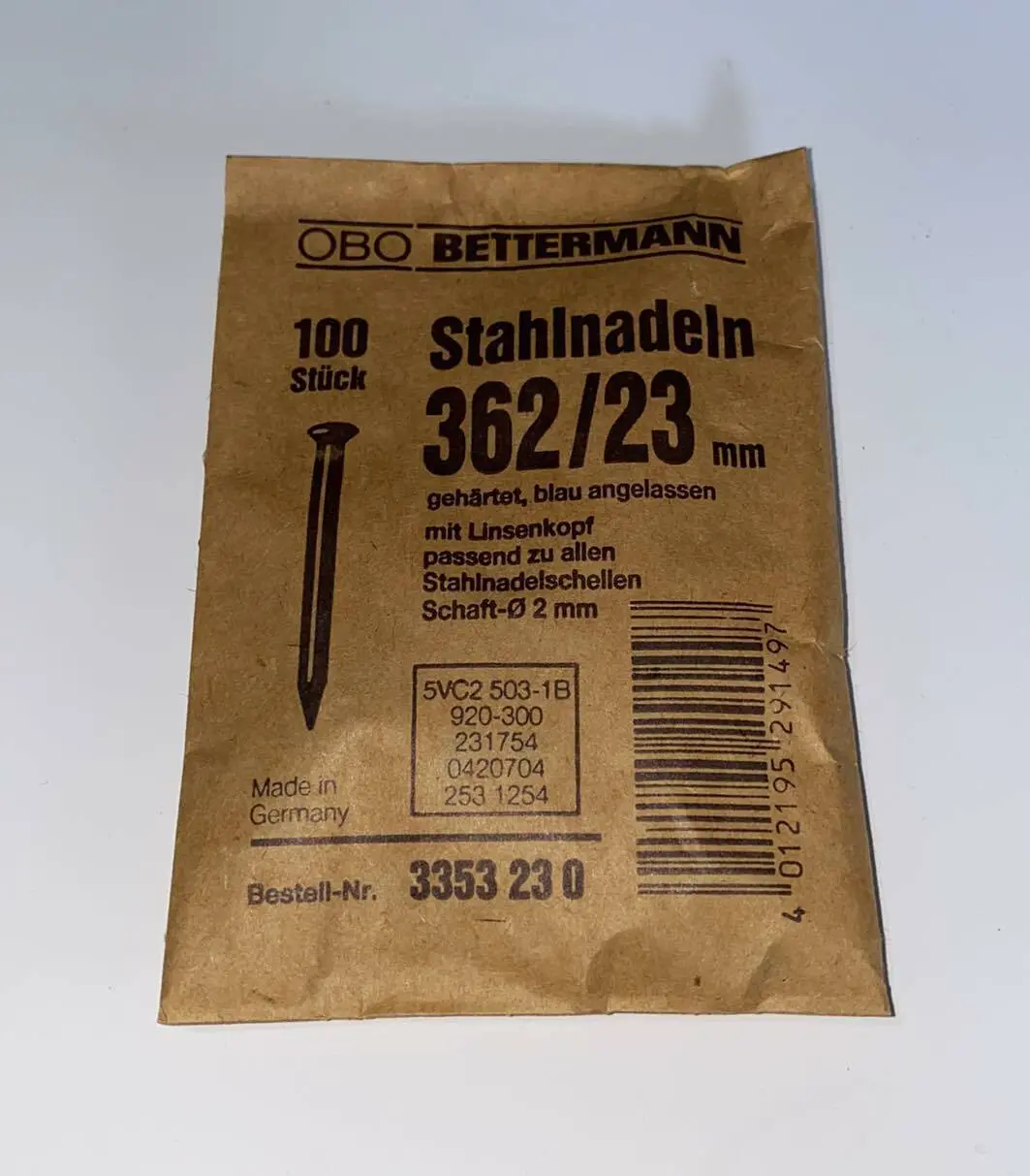 Produktfoto 1 von 100x OBO Stahlnadeln 362/23mm gehärtet, blau angelassen mit Linsenkopf | 3353230