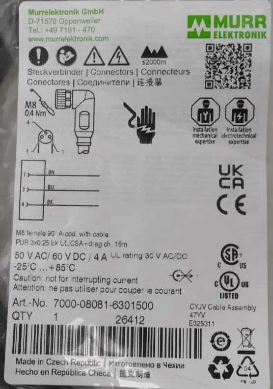 Produktfoto 1 von Murr Elektronik M8 Bu. 90° A-kod. freies Ltg-ende 15m | 7000-08081-6301500