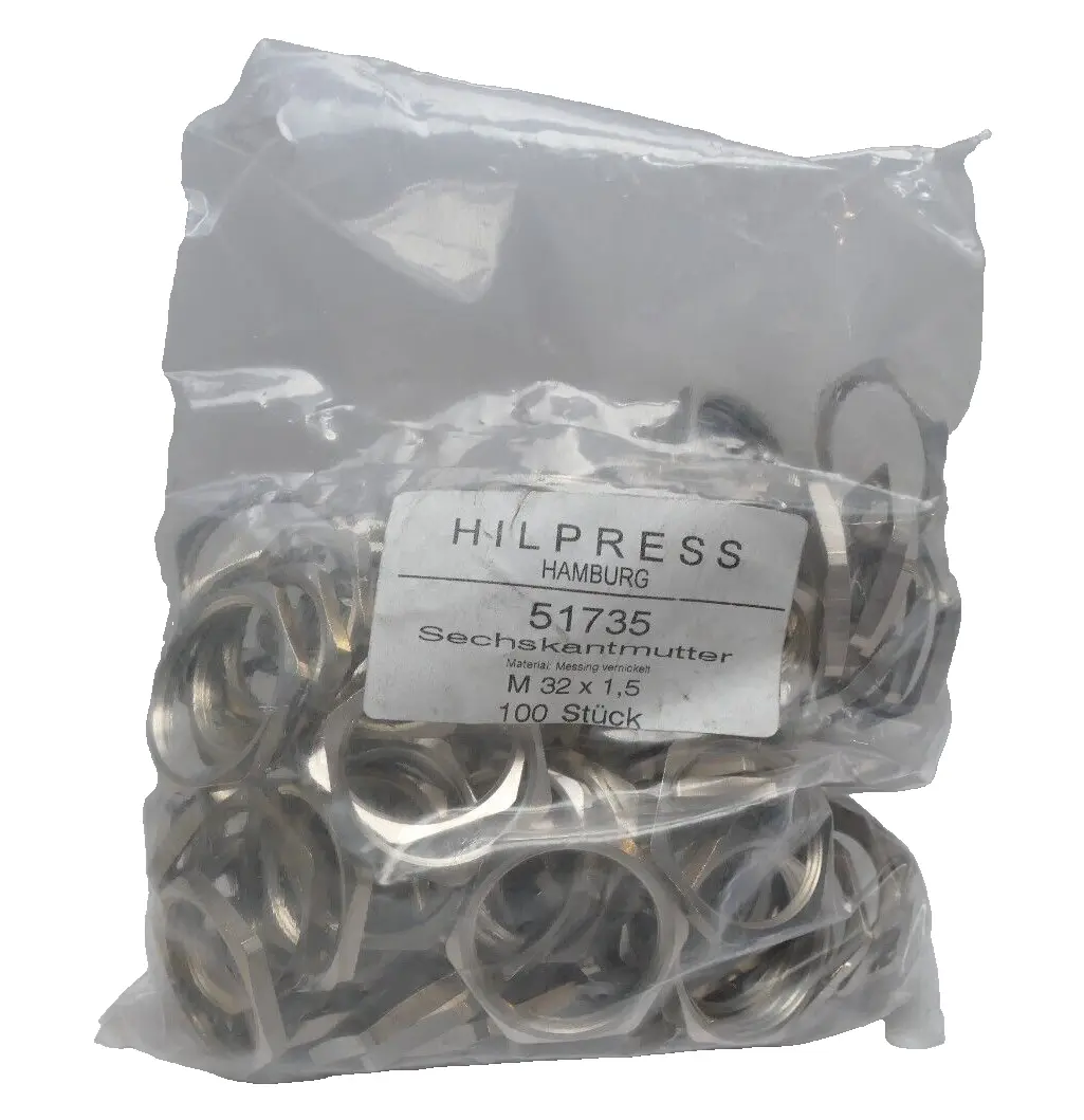 Produktfoto 1 von 100x Hilpress Sechskantmutter 51735 | Metrisch Messing -Vernickelt M32x1,5