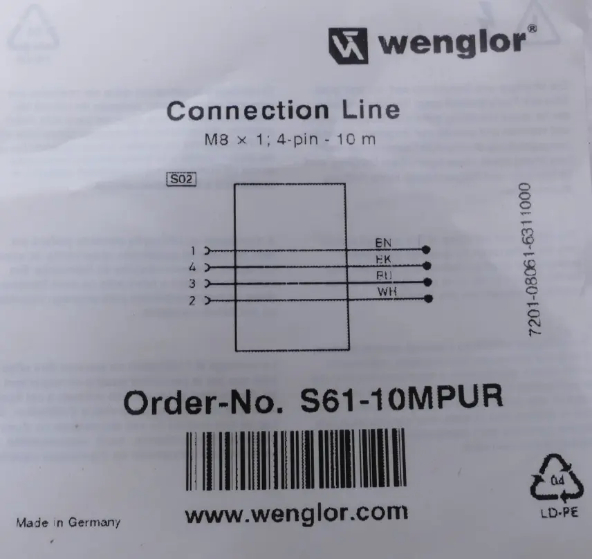 Produktfoto 1 von Wenglor M8 Verbindungsleitund 10m | S61-10MPUR