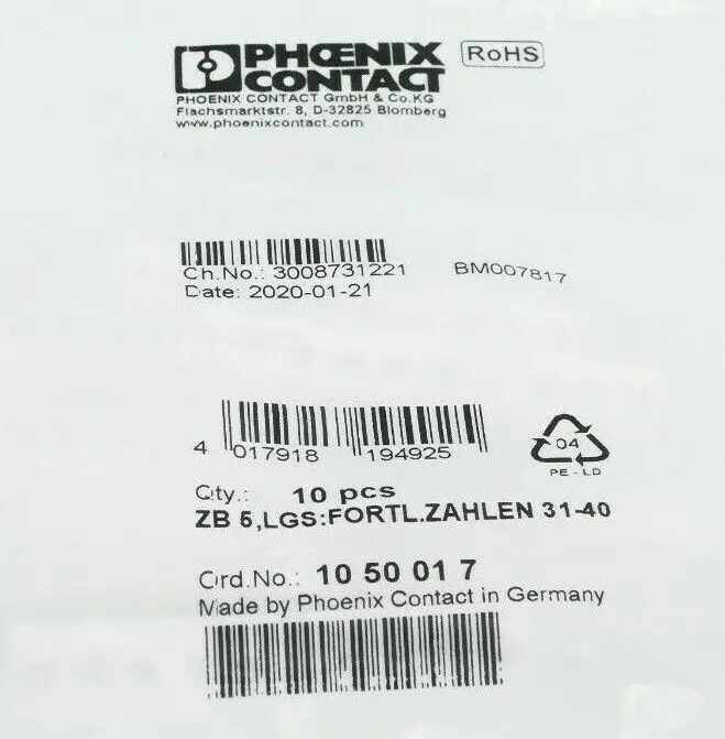 Produktfoto 1 von 10x Phoenix Contact 10 50 01 7 | ZB5,LGS: Fortl. Zahlen 31-40 | 1050017