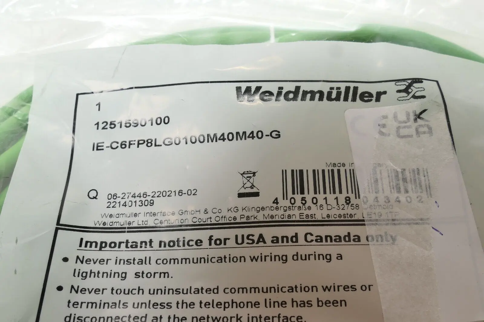 Produktfoto 1 von Weidmüller 1251590100 Patchkabel IE-C6FP8LG0100M40M40-G