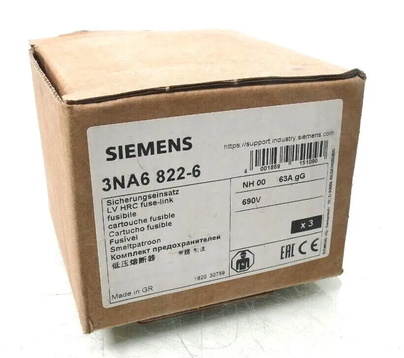 Produktfoto 1 von 3x Siemens 3NA6 822-6 Sicherungseinsatz ~690V NH00-gG 63A 120kA | 3NA6822-6