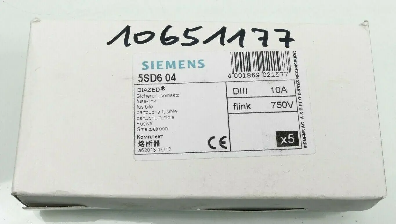 Produktfoto 1 von 5x Siemens 5SD6 04 Diazed-Sicherungseinsatz DIII 10A flink 750V | 5SD604