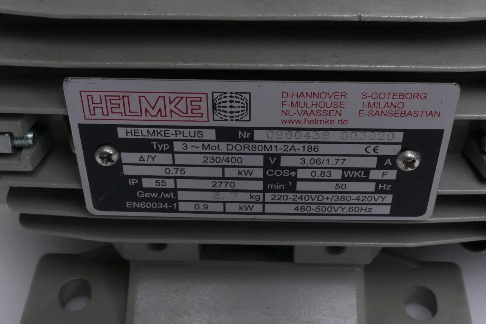 Produktfoto 1 von Helmke  DOR80M1-2A-186 Drehstrommotor | 0,75-0,9 kW 2770rpm | Welle 19mm