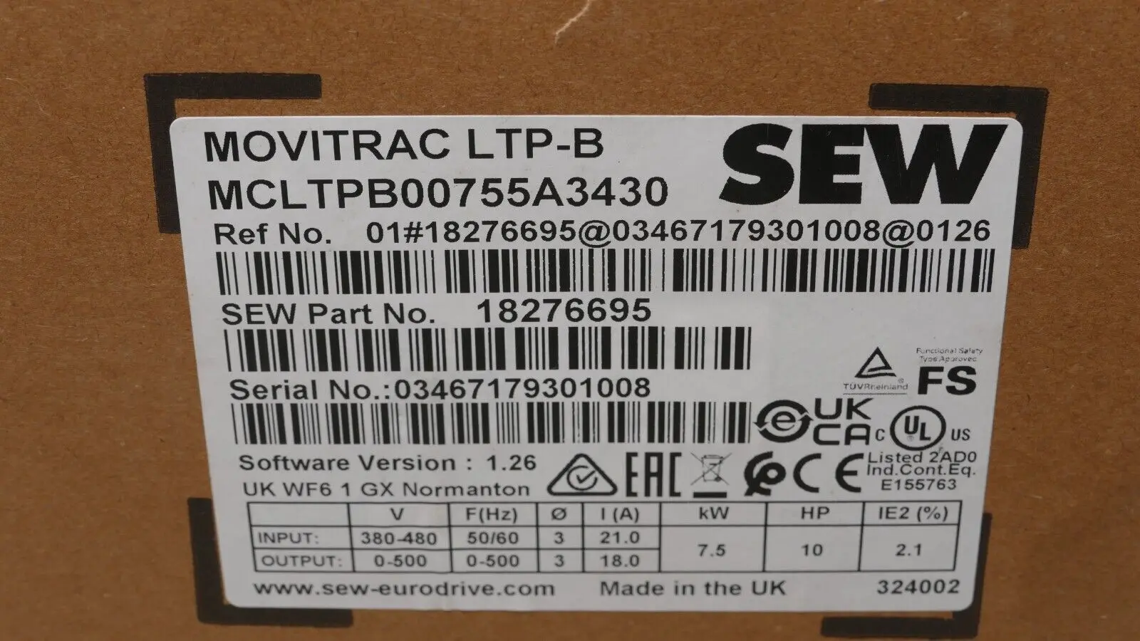 Produktfoto 1 von SEW EURODRIVE MOVITRAC LTP-B | MCLTPB00755A3430 | V:1.26 | 18276695