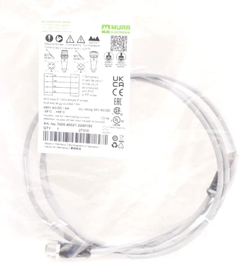 Produktfoto 1 von Murr Elektronik M12 St. 0° / M12 Bu. 0° A-kod. Kabel 1,5m | 7000-40021-2240150