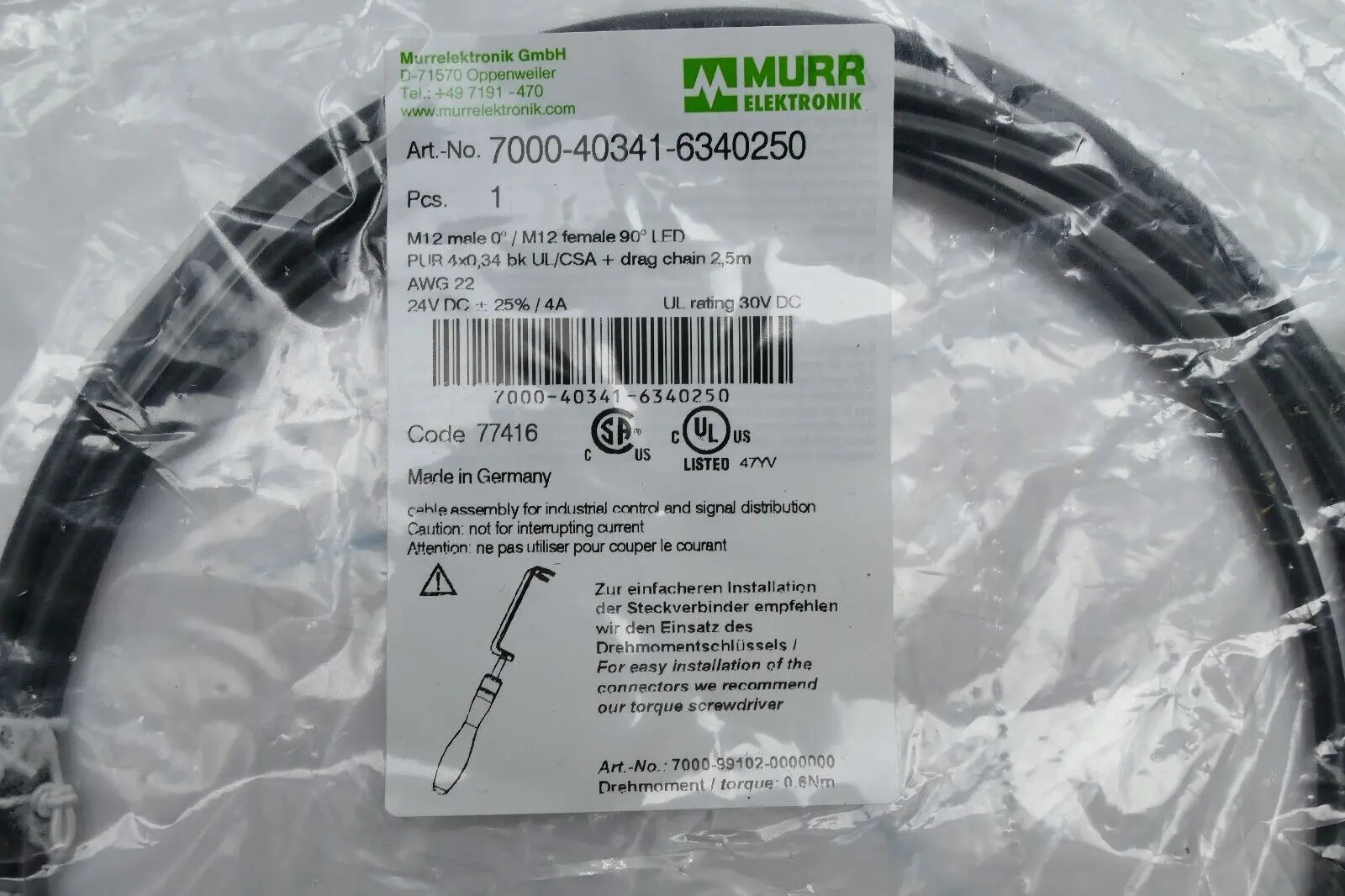 Produktfoto 1 von Murr Elektronik M12 St. 0° / M12 Bu. 90° A-kod. LED 2,5m | 7000-40341-6340250