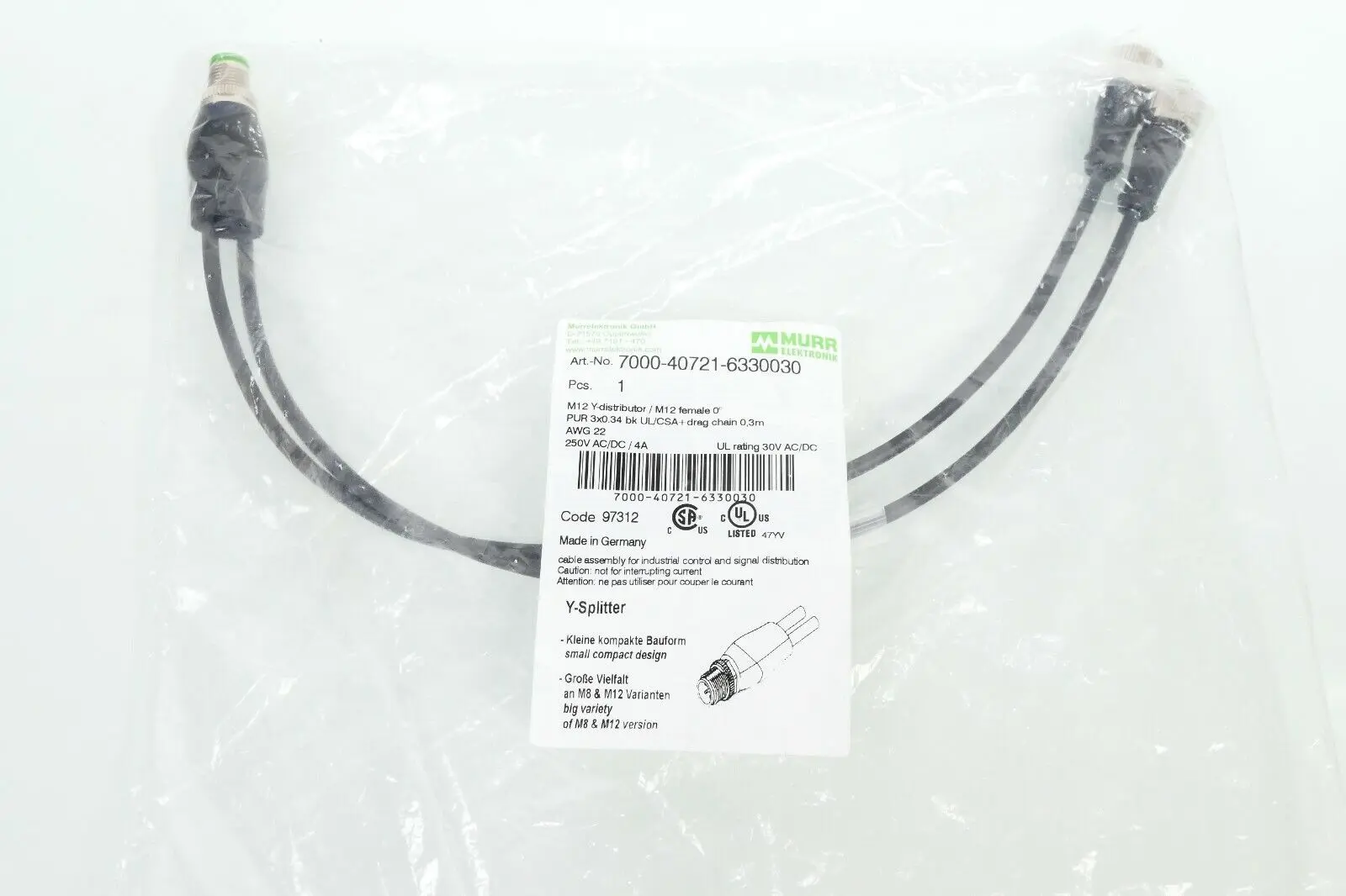 Produktfoto 1 von Murr Elektronik EOL Y-Verteiler M12 St. / M12 Bu. 0° | 7000-40721-6330030