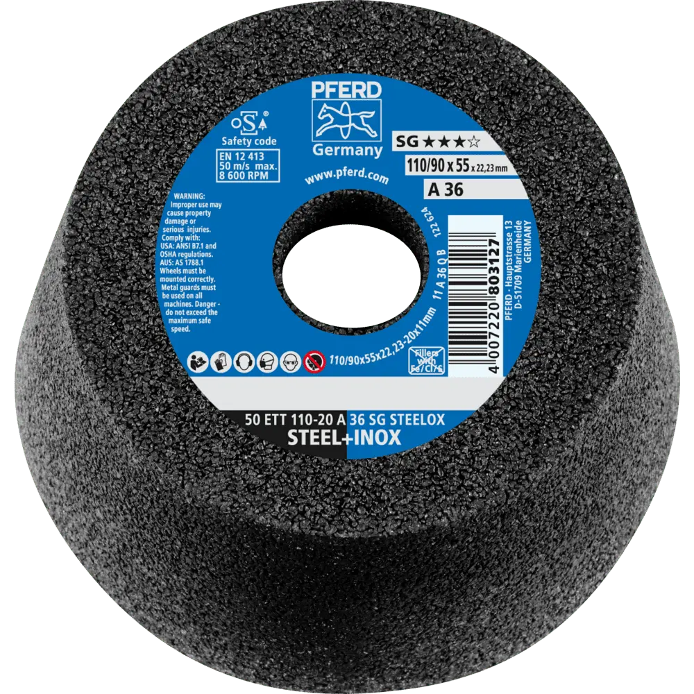 Produktfoto 1 von PFERD TOOLS Schleiftopf ETT 110x20x22,23 mm A36 Leistungslinie SG STEELOX für Stahl/Edelstahl, 2 Stk.